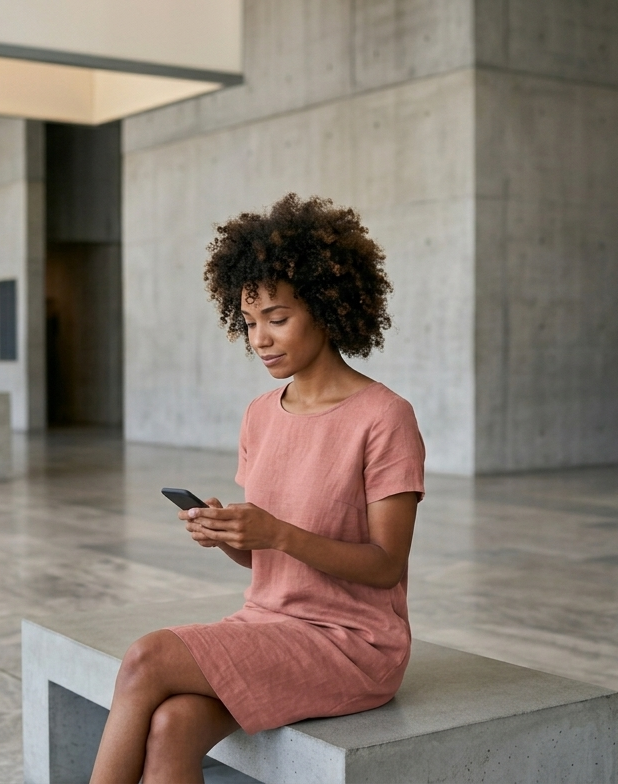 Woman sitting outdoors using a phone
