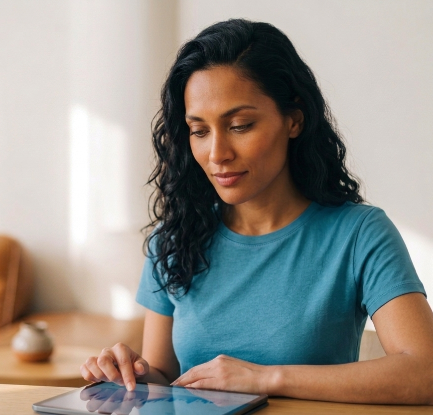 Woman with curly hair in blue shirt using a tablet at a wooden table.