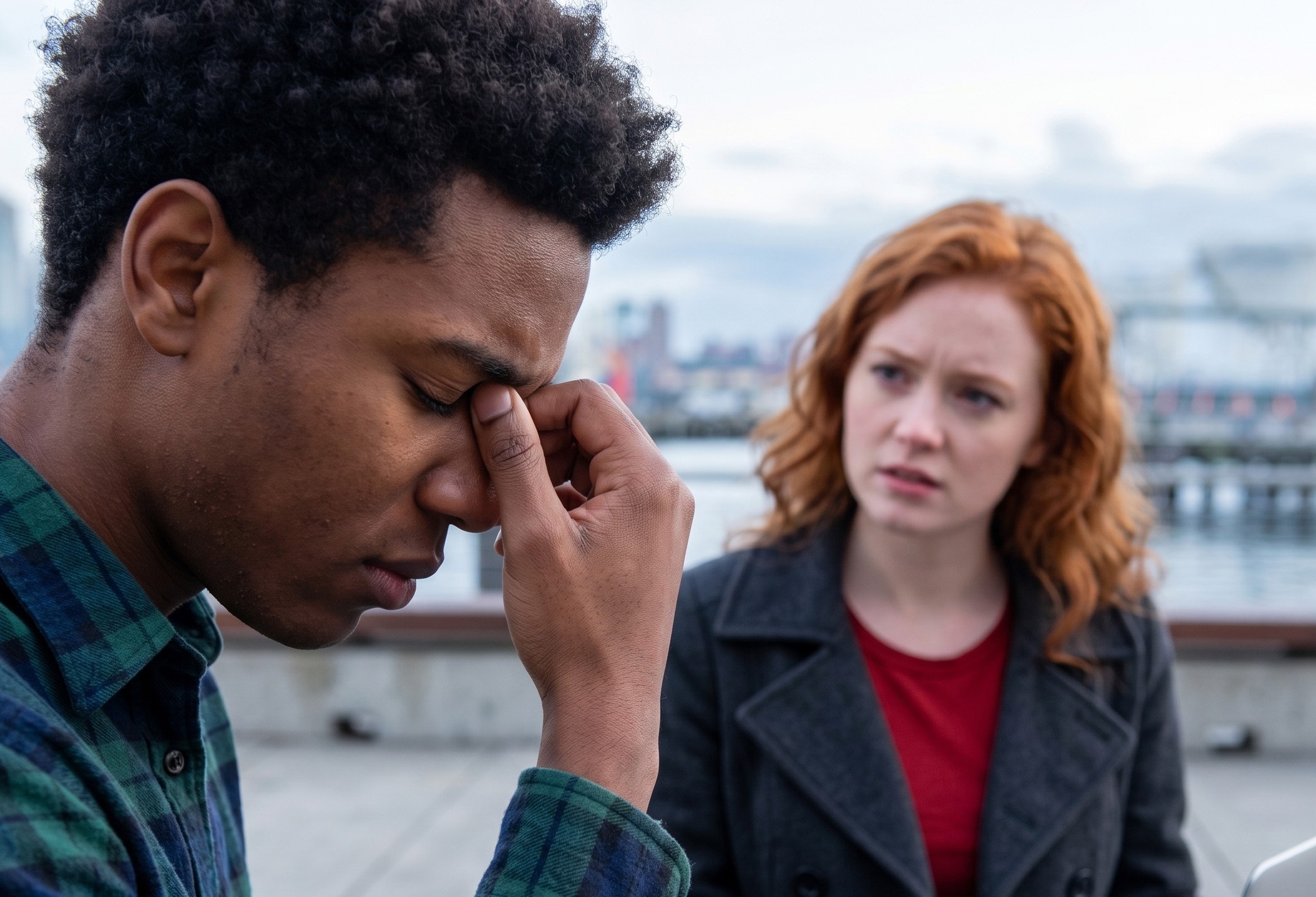 Stressed man with concerned colleague looking on