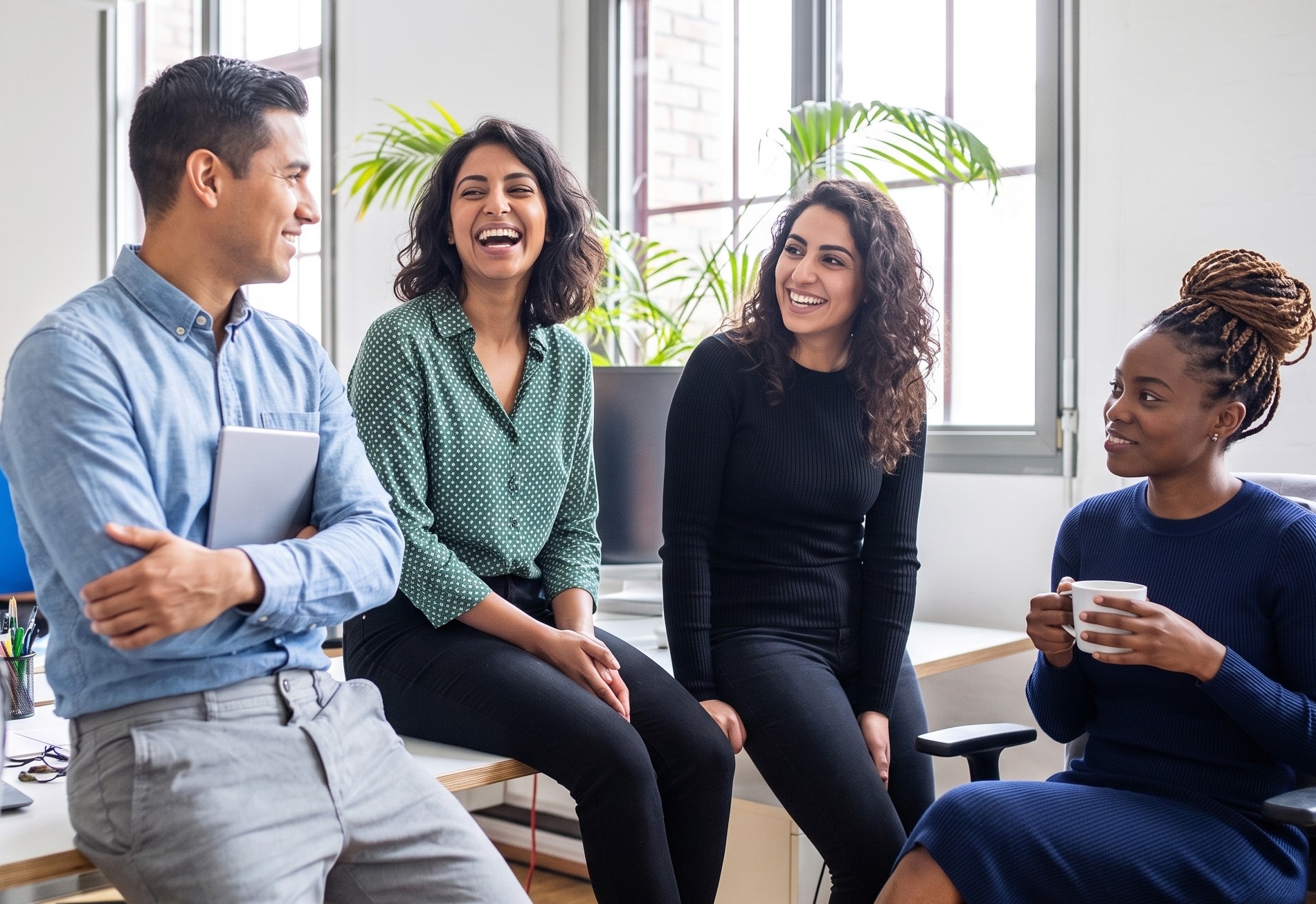 Four diverse coworkers smiling and chatting in a bright office with plants and large windows.