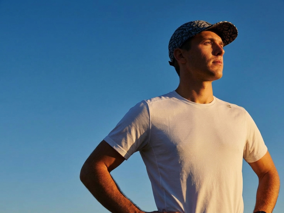 Man in a white t-shirt and patterned cap looking confidently into the distance against a blue sky.
