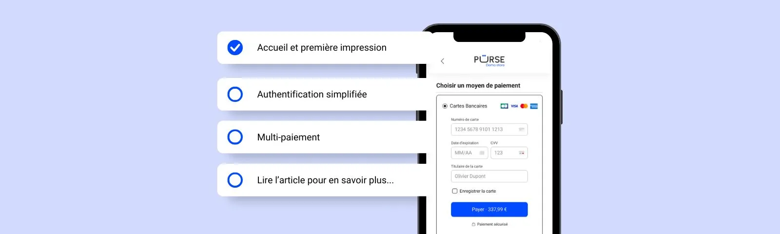 Check-list du tunnel d'achat et écran de paiement par carte sur mobile