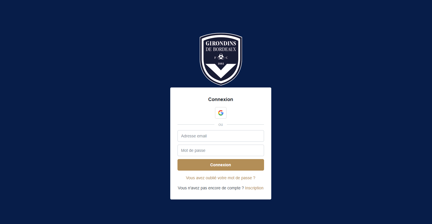 Hosted Page Girondins de Bordeaux : page de connexion aux couleurs du club avec logo et fond bleu marine