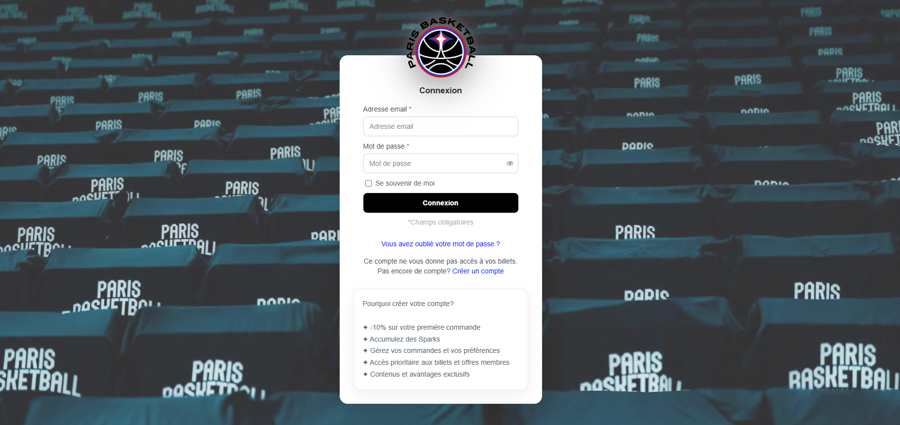 Hosted Page Paris Basketball : page de connexion personnalisée en CSS avec image de fond et avantages du compte