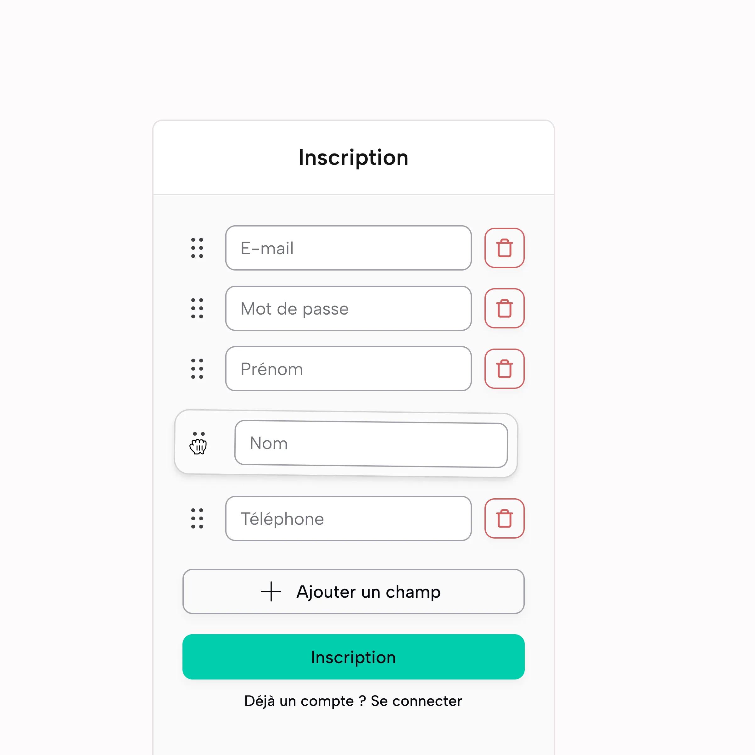 Formulaire d'inscription avec champs pour email, mot de passe, prénom, nom et téléphone sur fond rose.