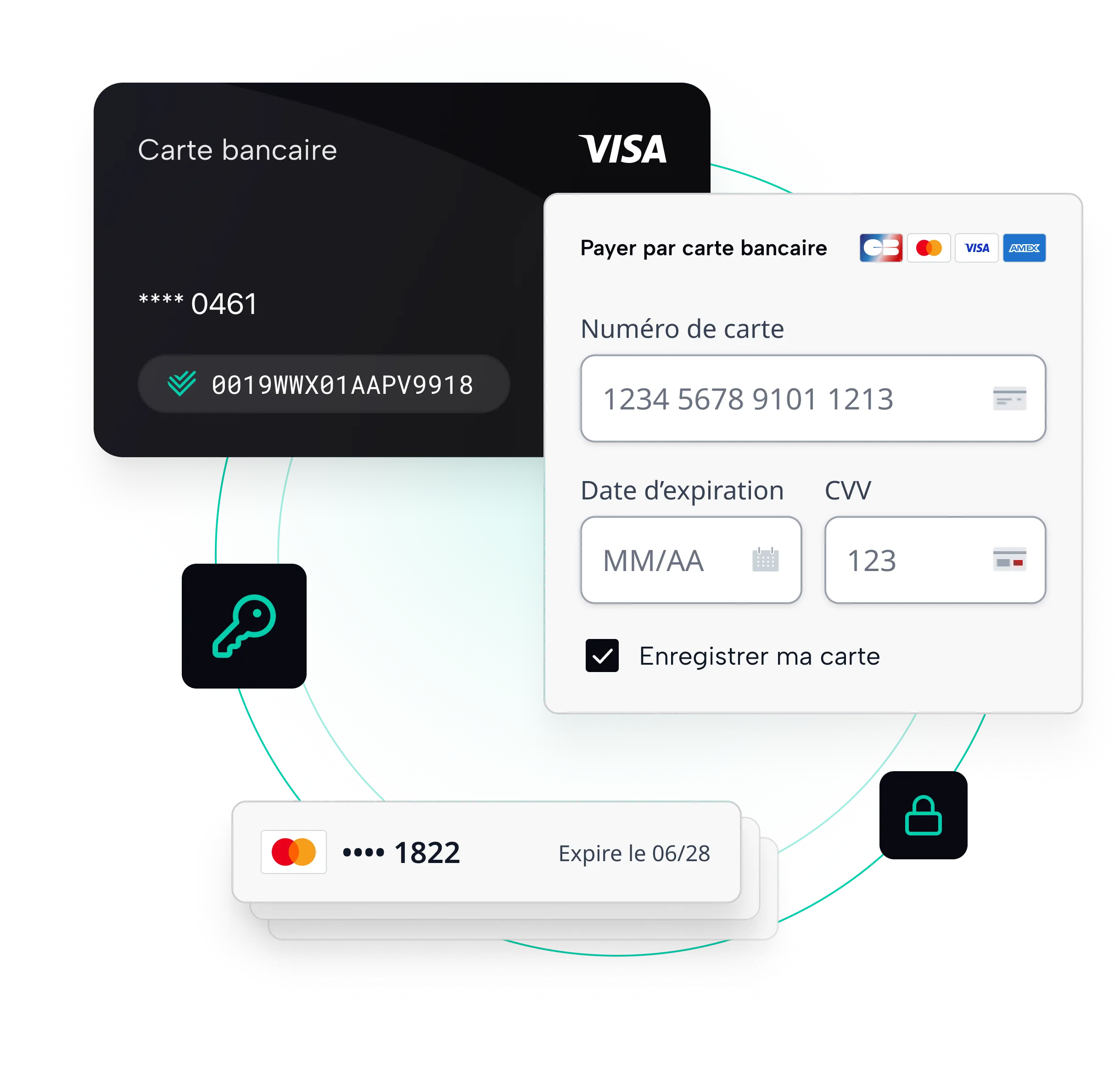 Interface de paiement sécurisé par carte bancaire avec champs numéro, date d’expiration, CVV, et option enregistrer.