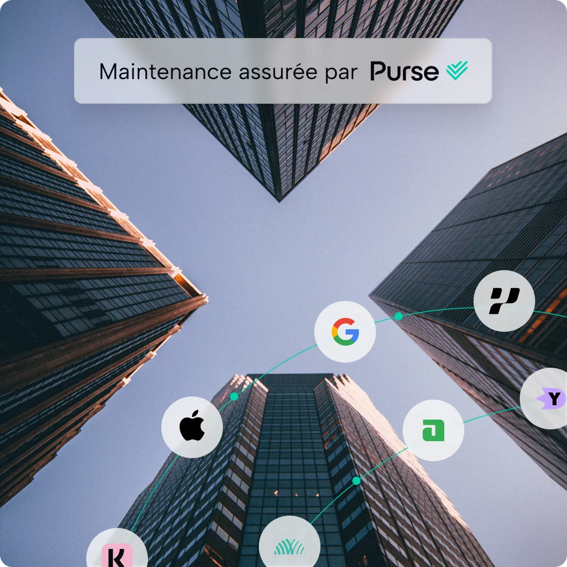 Vue en contre-plongée de gratte-ciels avec logos d’Apple, Google, et autres reliés en réseau.