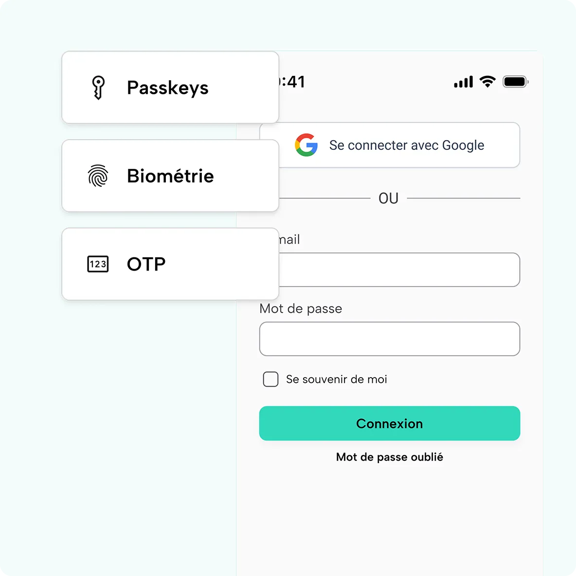 Écran de connexion avec passkeys, biométrie et OTP dans Purse Identity