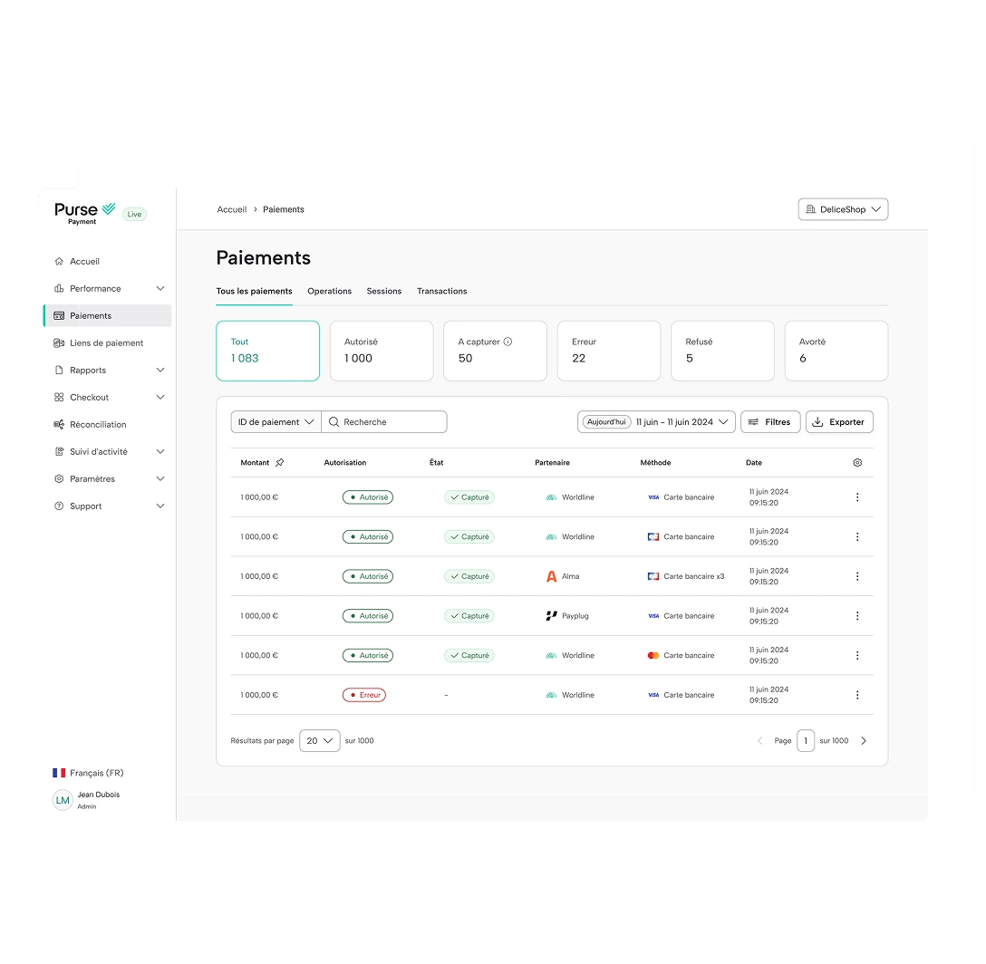 Tableau de bord centralisant les transactions et les flux de paiement