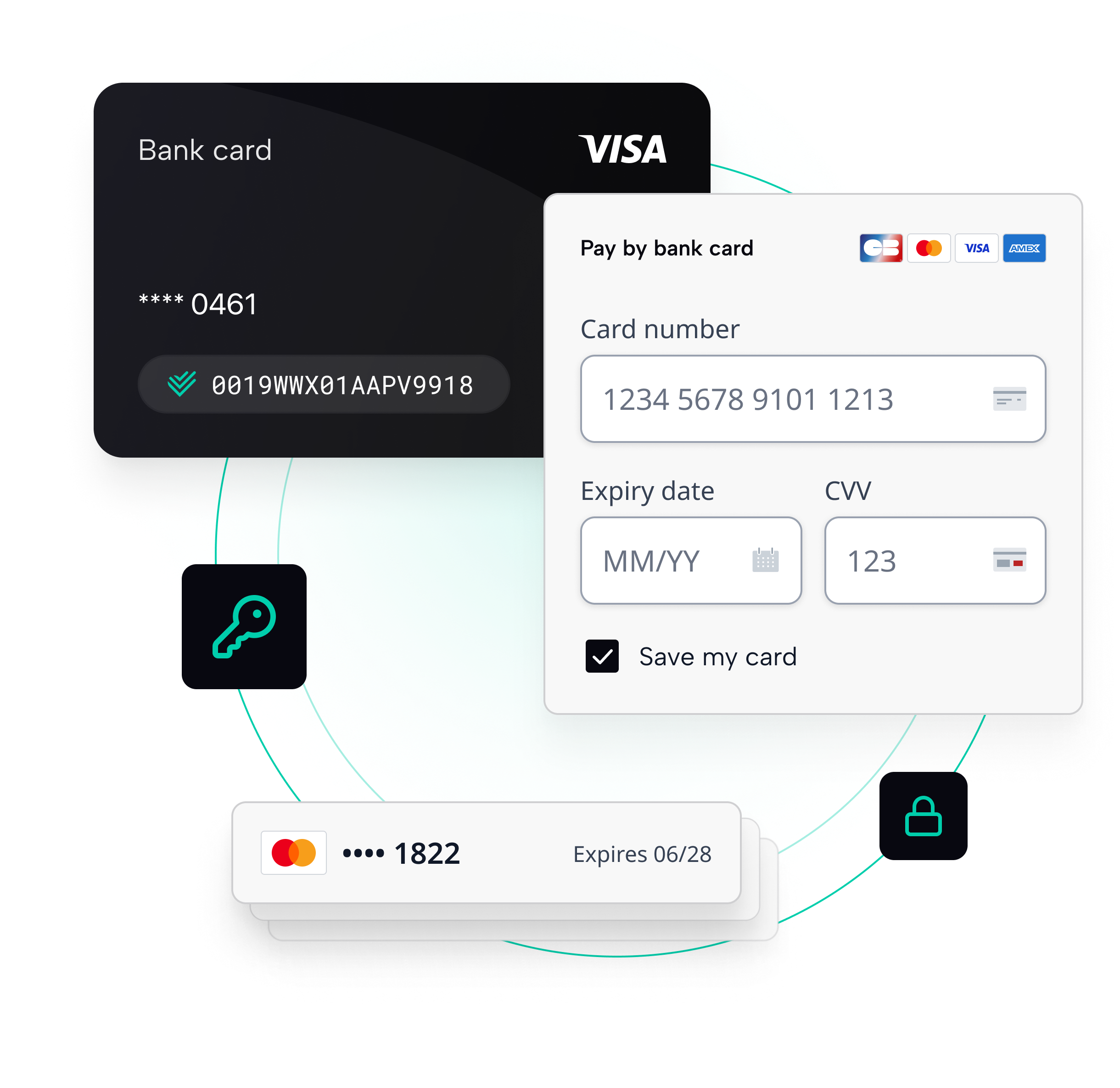 Payment card vault illustration showing a saved bank card, a card payment form and security icons representing protected card storage.