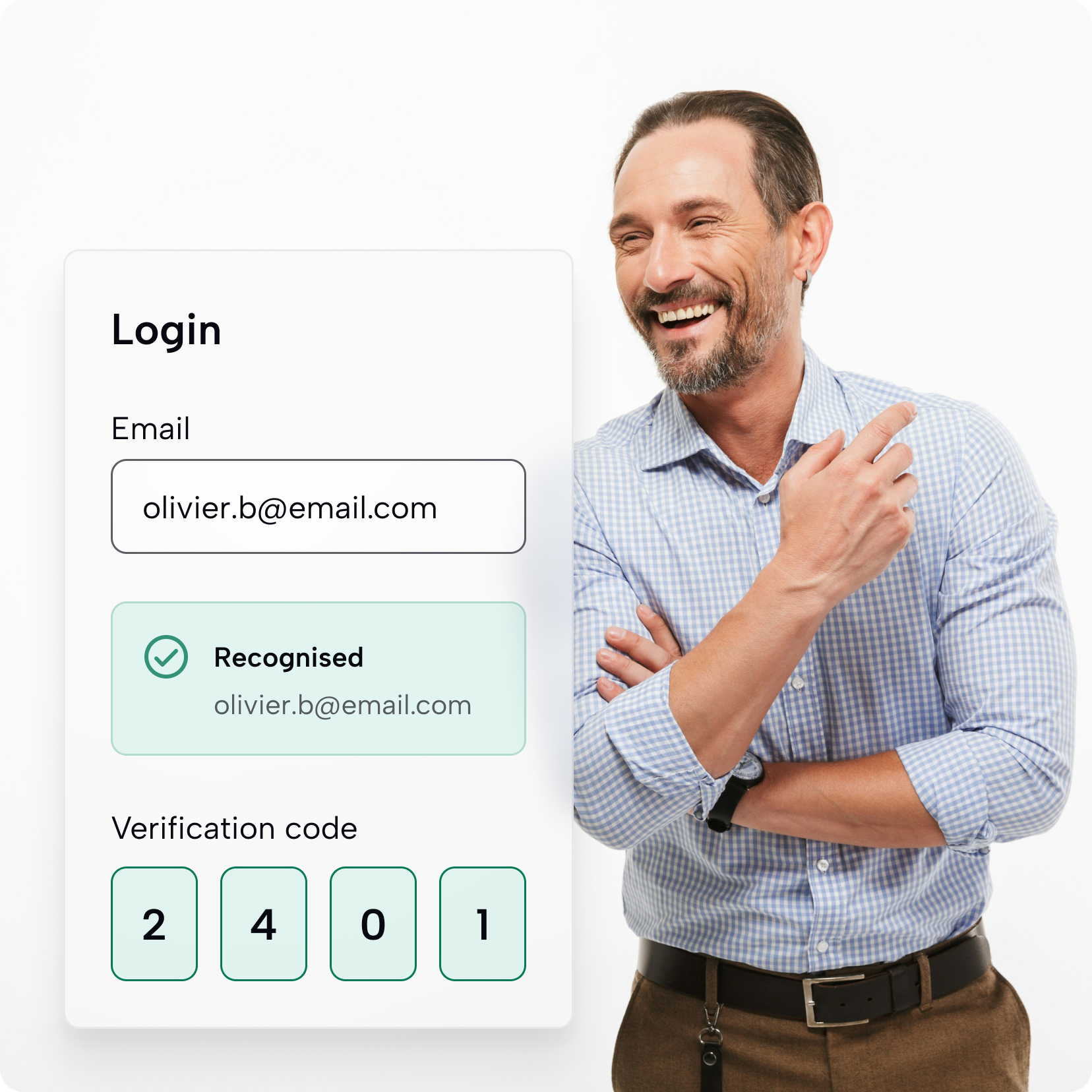 Person beside a login form showing a recognised email address and a four-digit verification code.