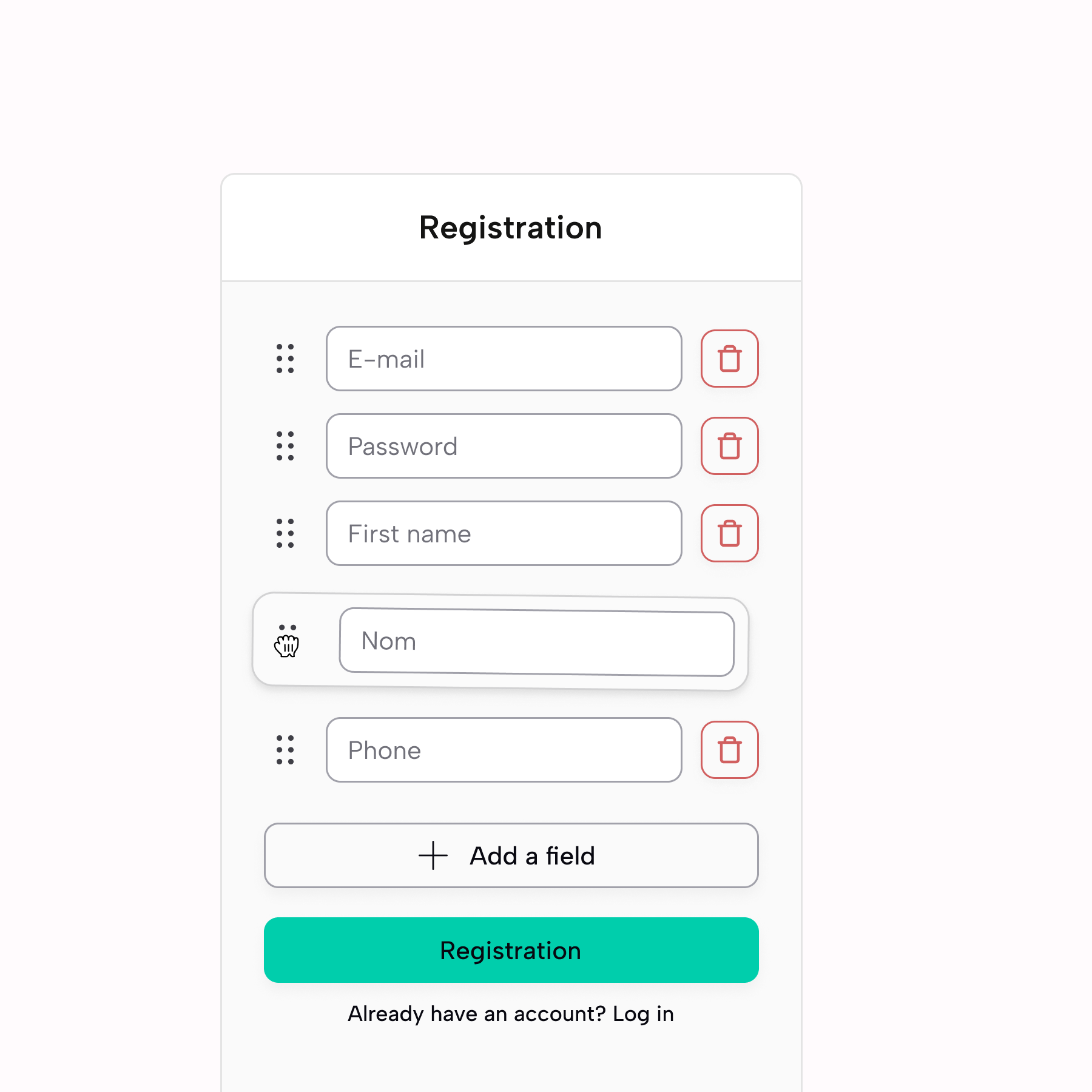 Customizable registration form with email, password, name and phone fields, showing controls to add, remove and reorder fields.