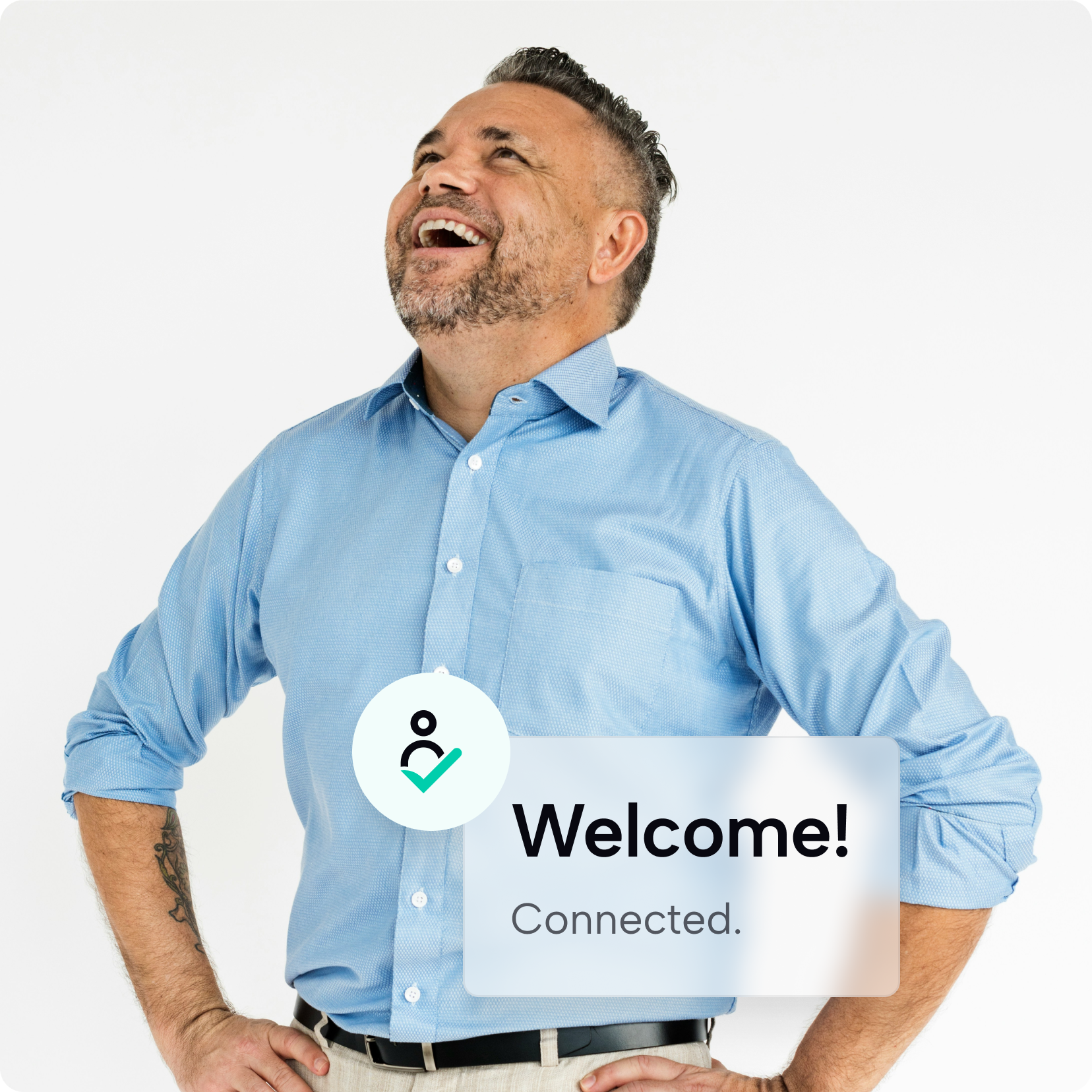 Smiling customer with a welcome message confirming login and a verified identity icon.