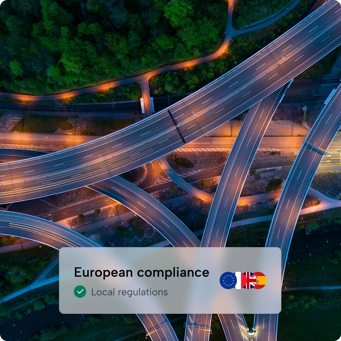 Aerial view of a road interchange with a European compliance and local regulations overlay, alongside EU, French, UK and Spanish flags.