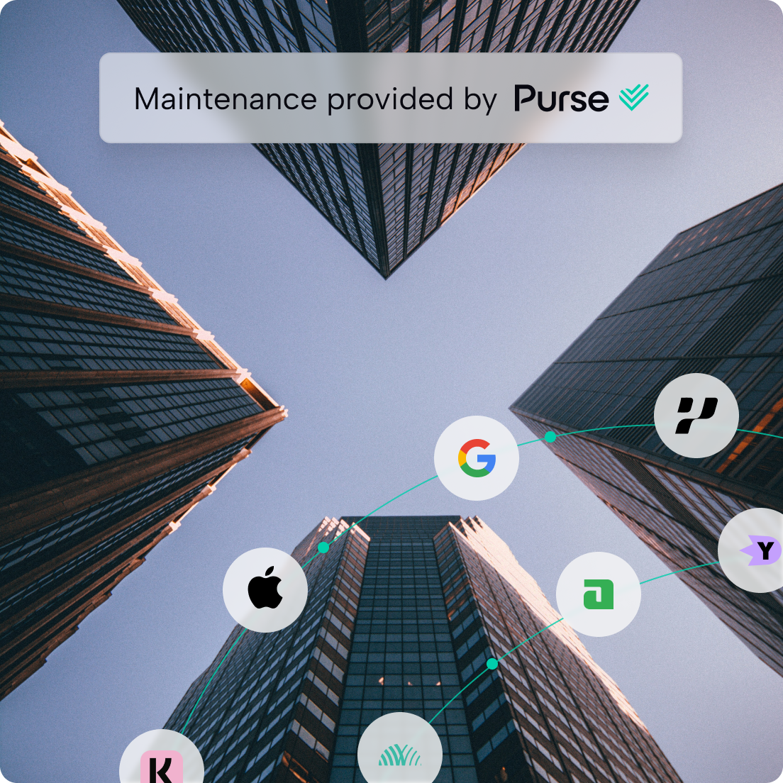 Upward view of skyscrapers with connected partner logos and a banner stating that maintenance is provided by Purse.