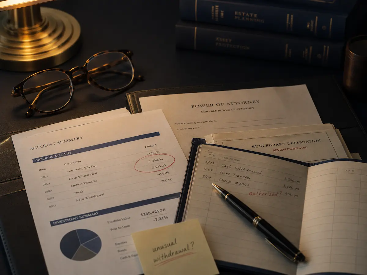 Financial records, power of attorney documents, and unusual withdrawals related to a possible elder financial abuse claim.