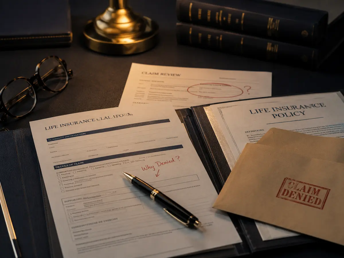 Life insurance claim form, policy documents, and denial notice related to a life insurance claim dispute.