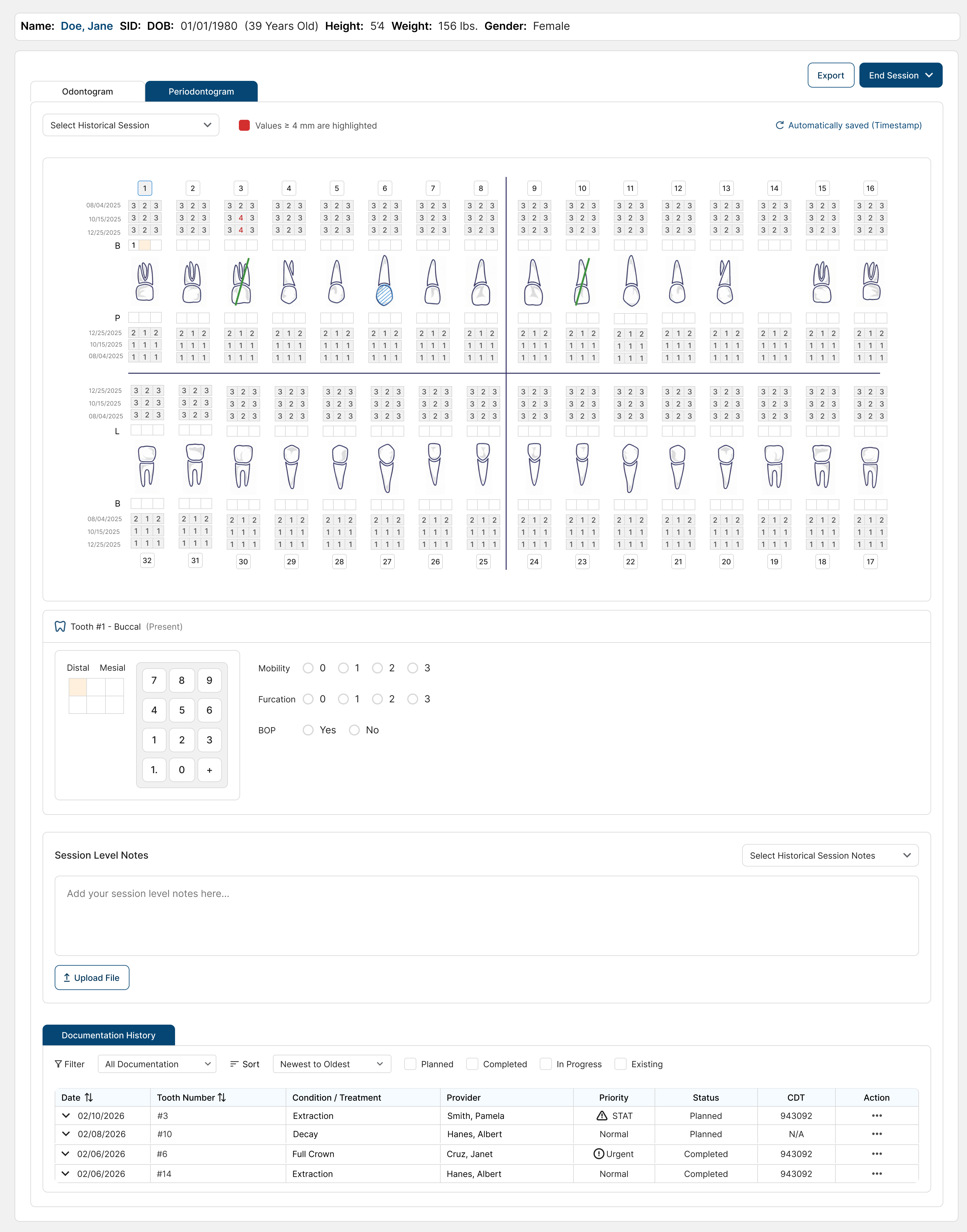 Odontogram screen showing completed treatment documentation and history.