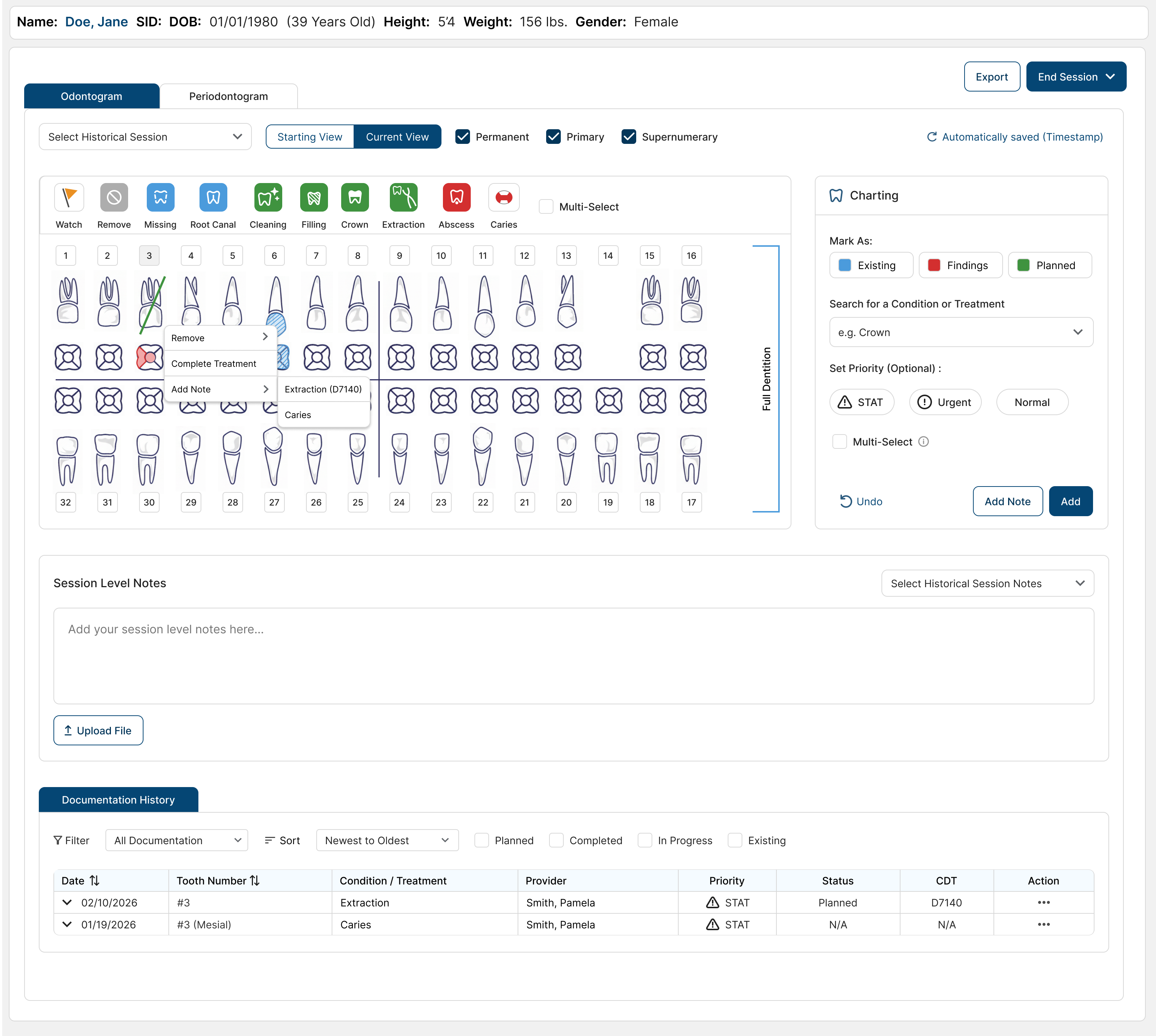 Dental application odontogram screen showing the interactive tooth chart.