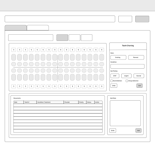 Low-fidelity wireframe showing the treatment planning layout.