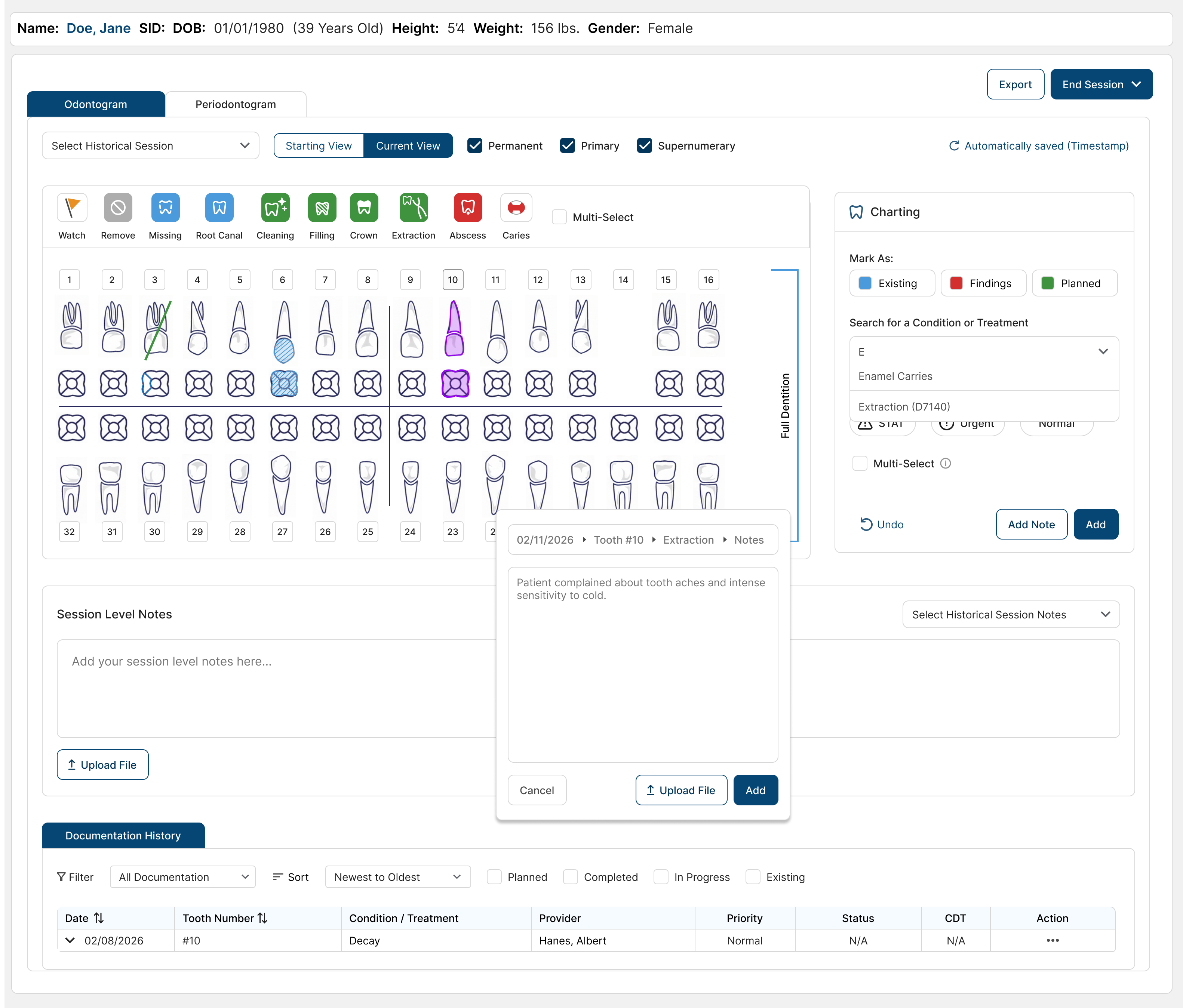 Odontogram screen showing tooth condition selection and charting detail.