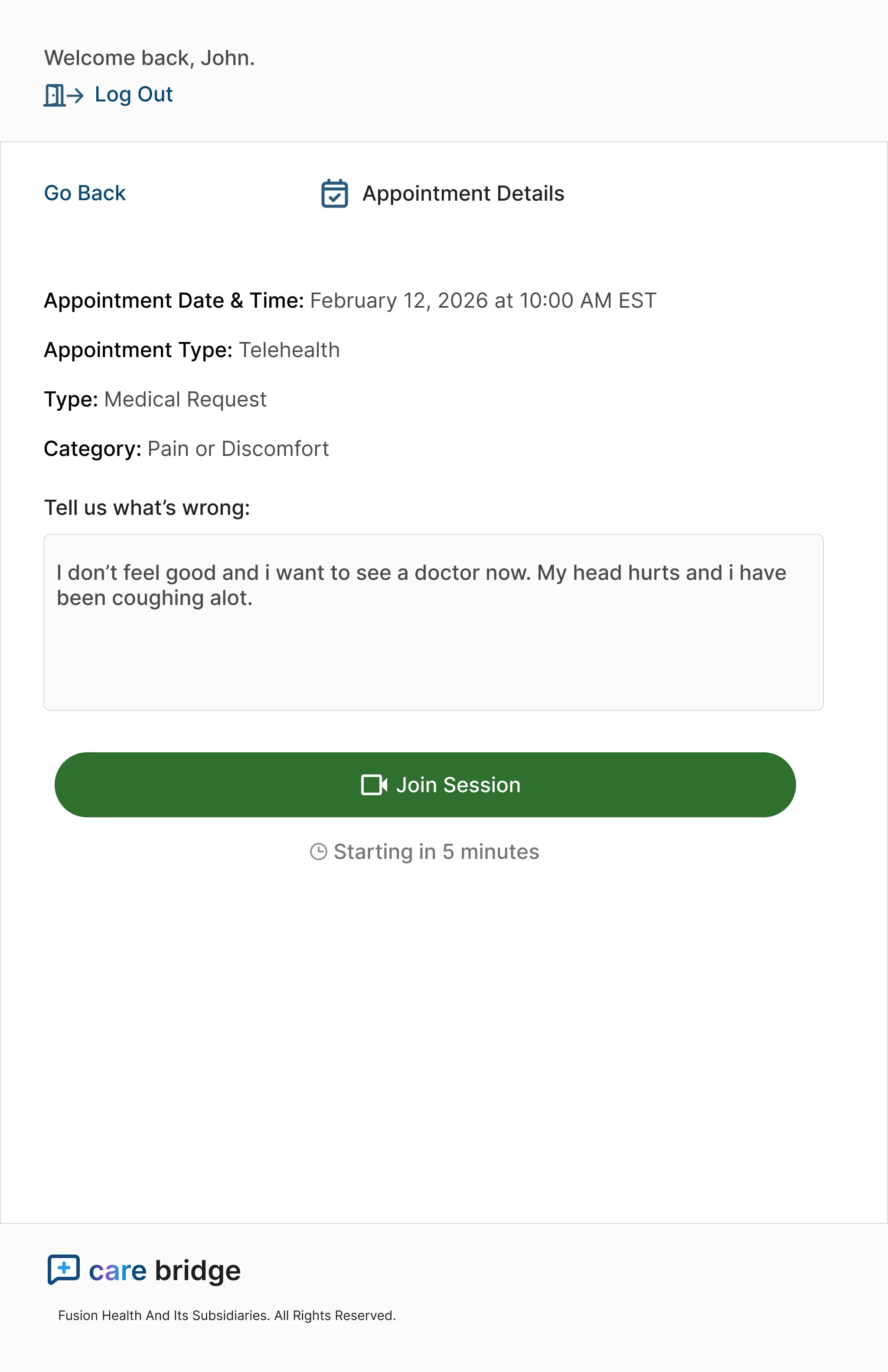 Appointment details for a telehealth visit, showing type, category, the patient's written concern, and a join button.