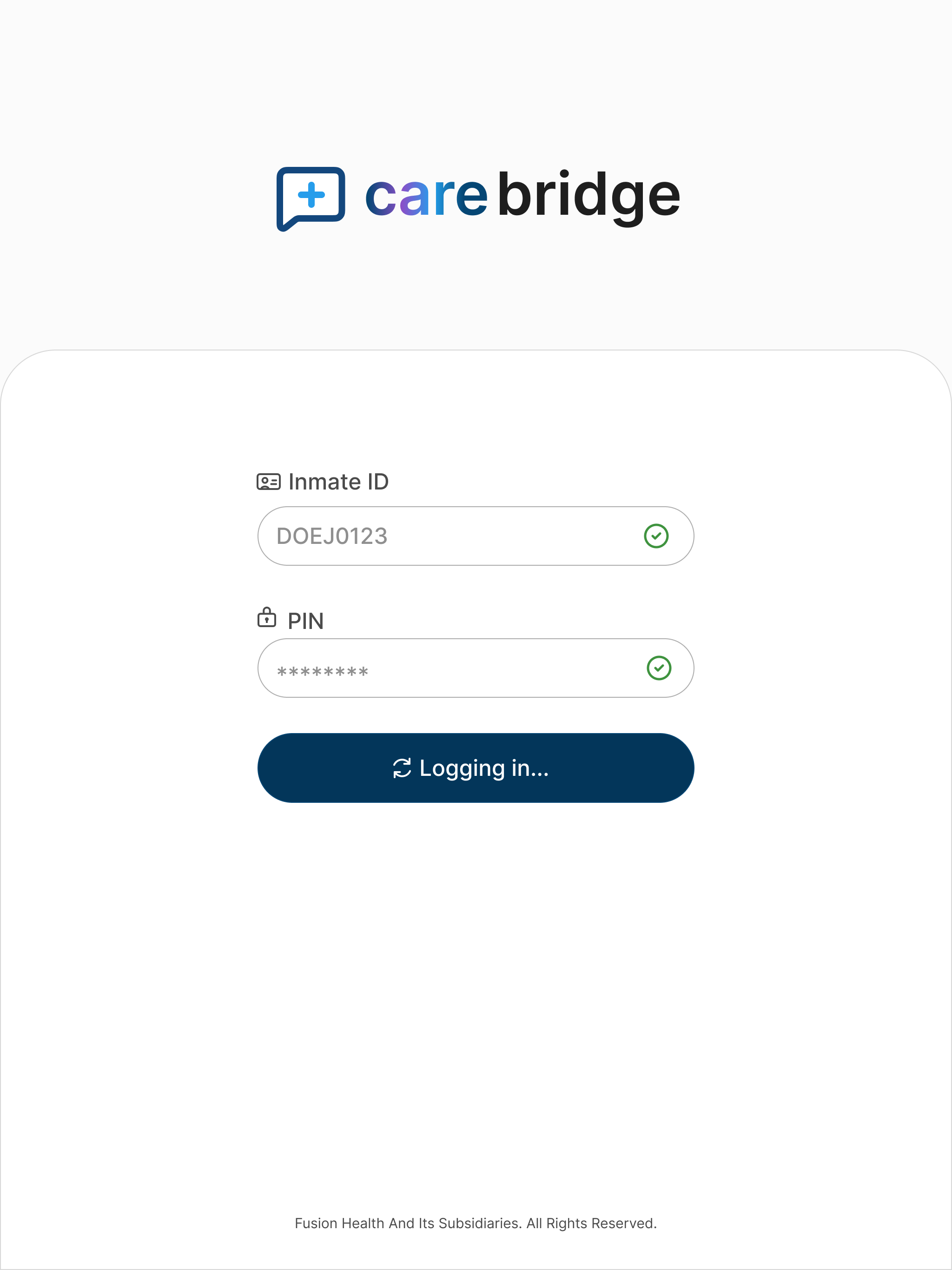 CareBridge login screen with fields for inmate ID and PIN.