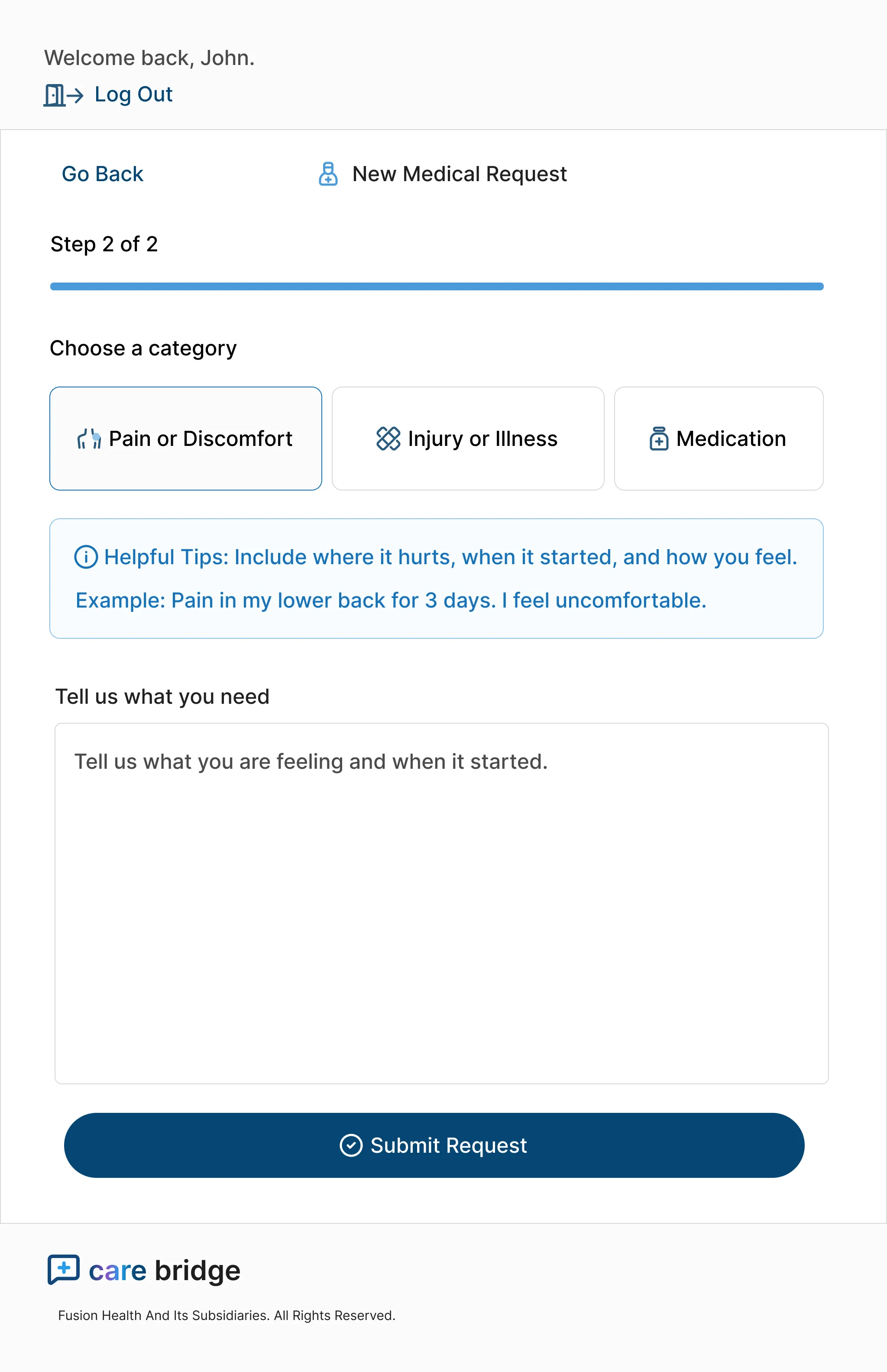 Second step of a medical request, where the patient chooses a category and describes symptoms, with guidance on what to include.