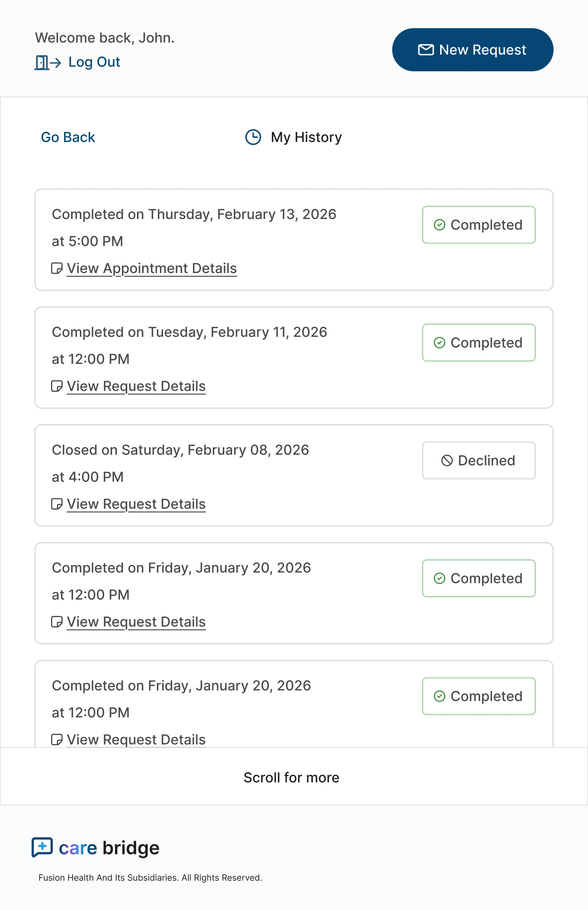 Request history list showing completed and declined appointments with dates and status labels.