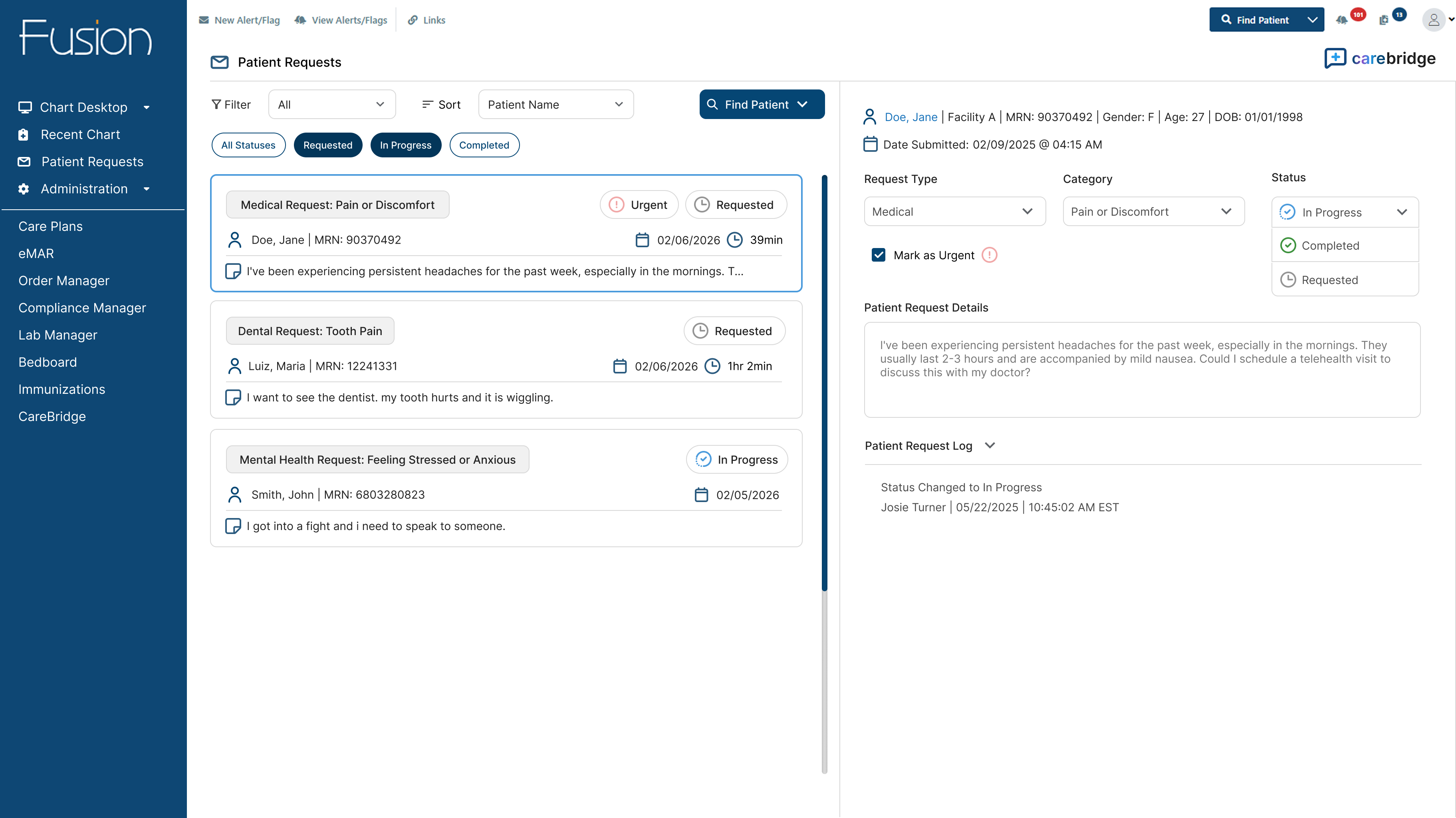 Provider-facing dashboard giving clinical staff a unified view of pending patient requests, appointments, and communications.