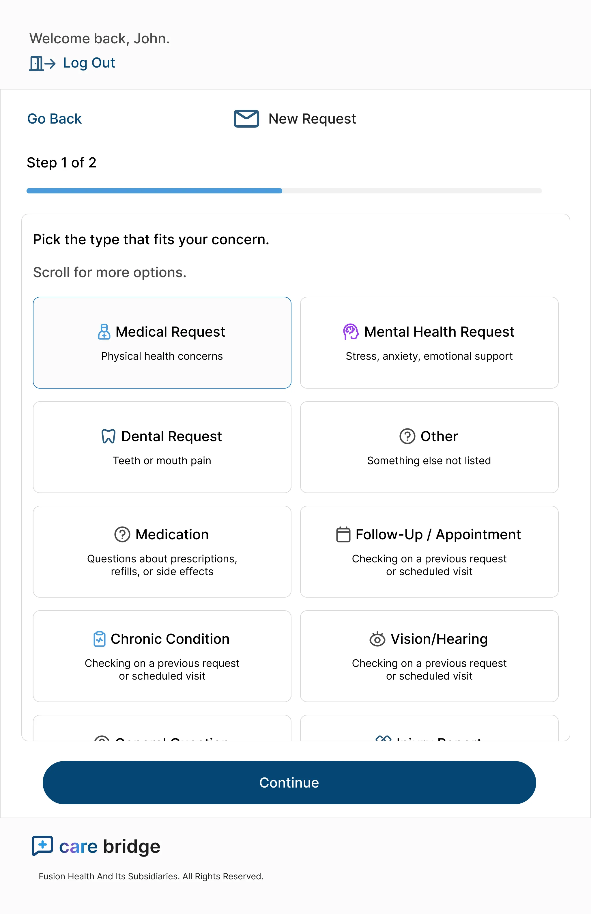 First step of a new request, where the patient picks a concern type such as medical, mental health, dental, or medication.