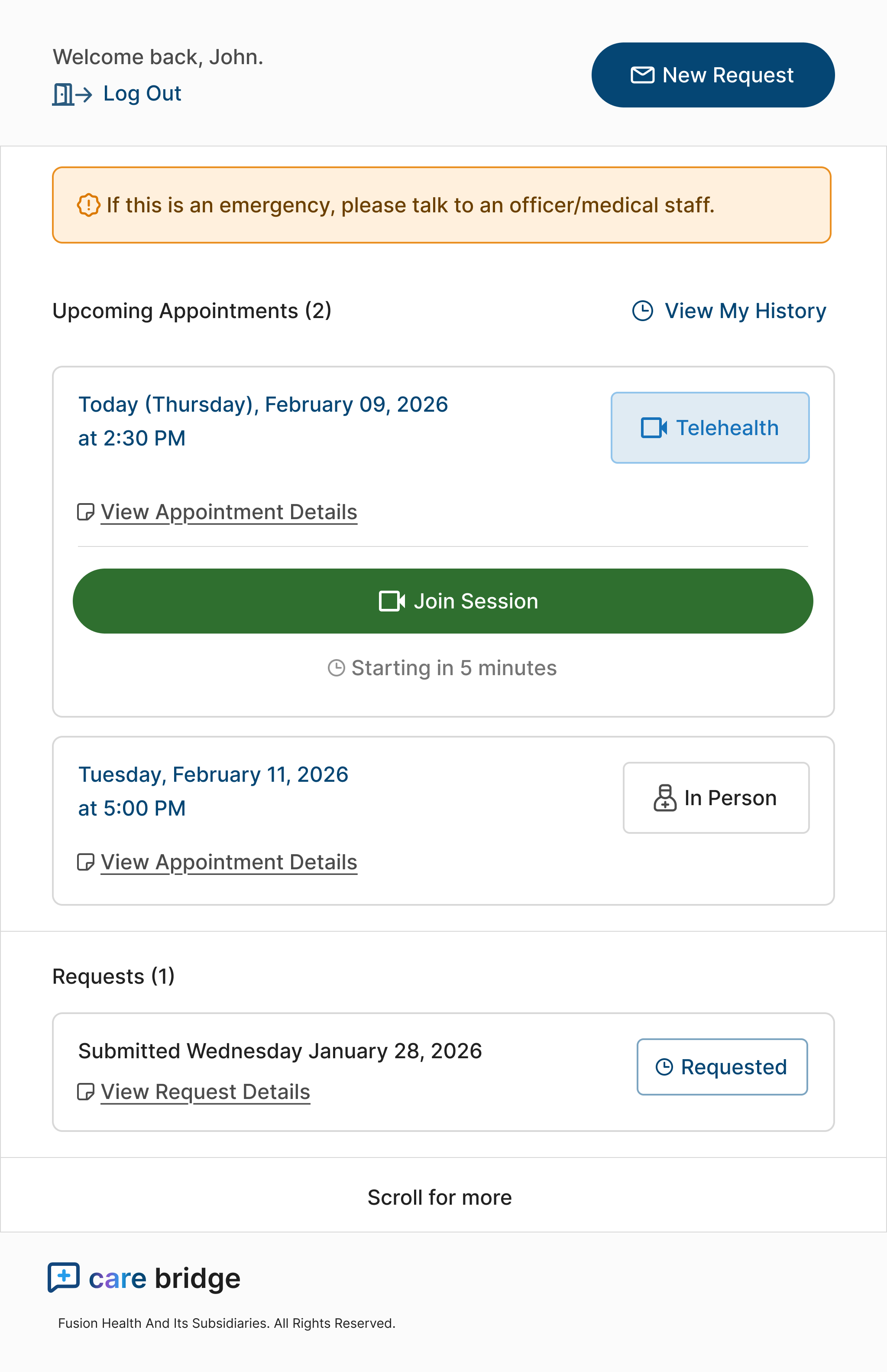 Patient home screen showing upcoming appointments, a telehealth session ready to join, and previously submitted requests.
