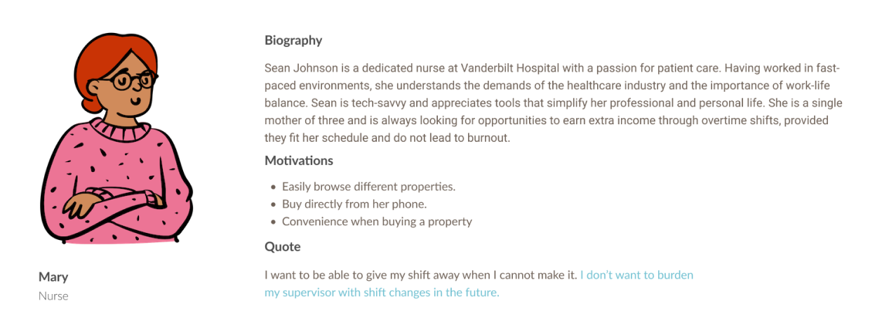 User persona for a nurse using Gigly, covering goals, frustrations, and shift preferences.