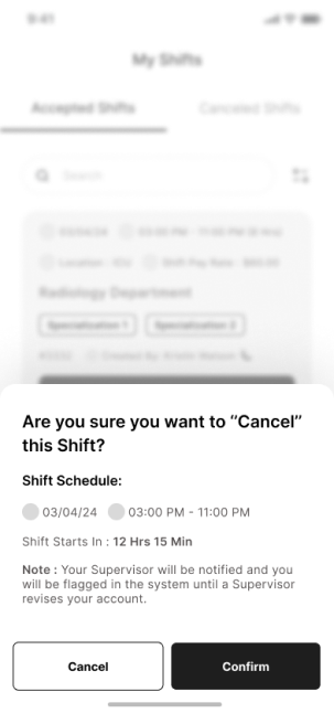 Low-fidelity wireframe of the shift confirmation screen.