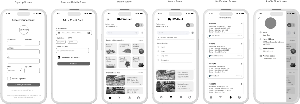 Further wireframes covering account creation and profile screens across the three user types.