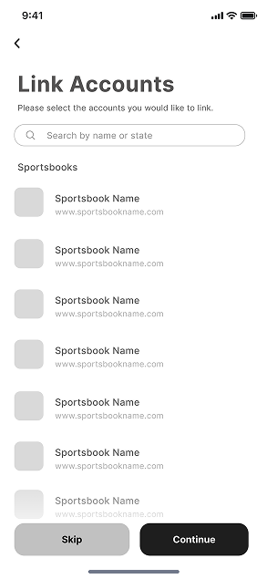 Wireframe of the link accounts step during account creation.