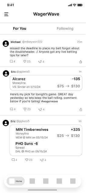 Wireframe of the home feed showing picks.