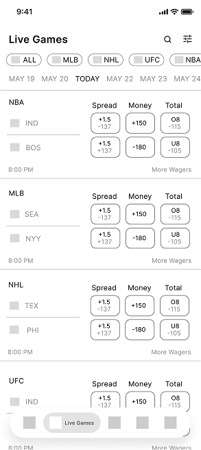 Wireframe of the live games view.