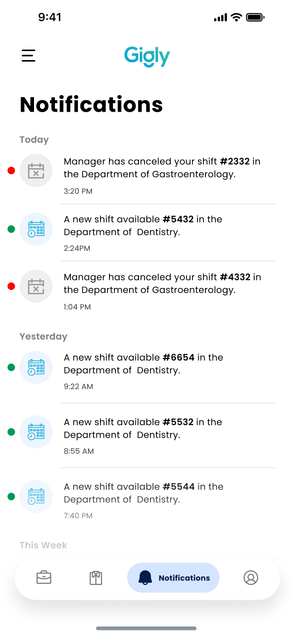 Notifications screen listing shift alerts and updates.