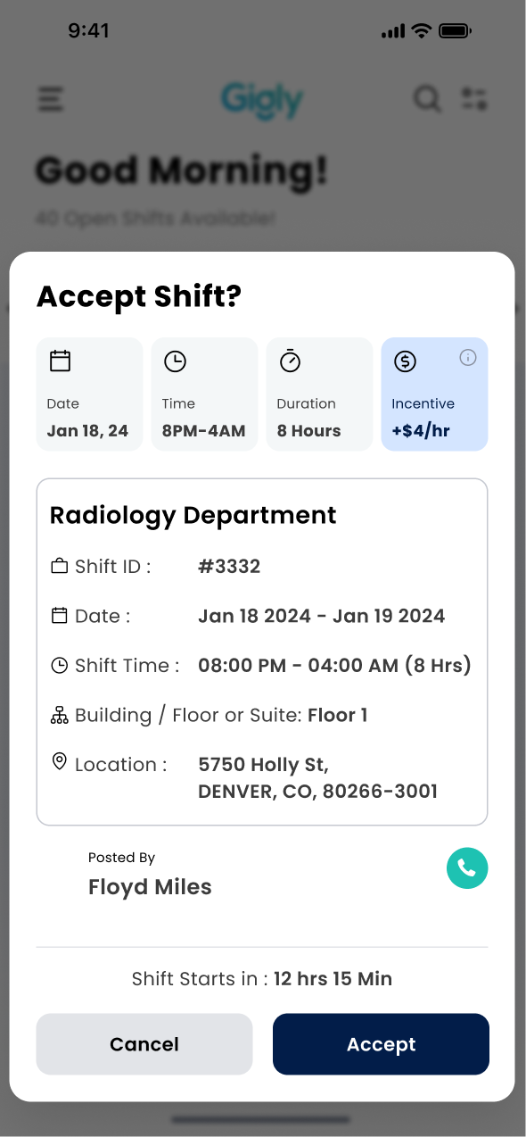 Accept shift confirmation popup shown over the open shifts list.
