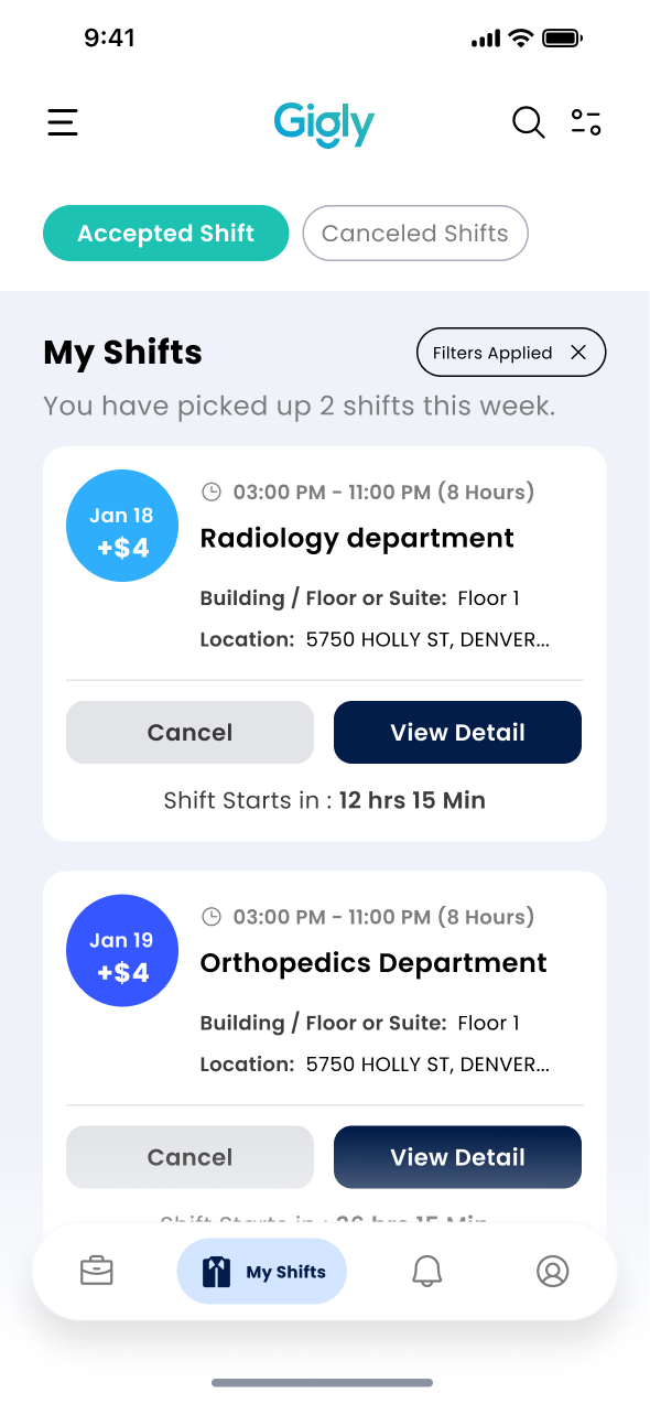 Accept shift screen showing shift details and confirmation.