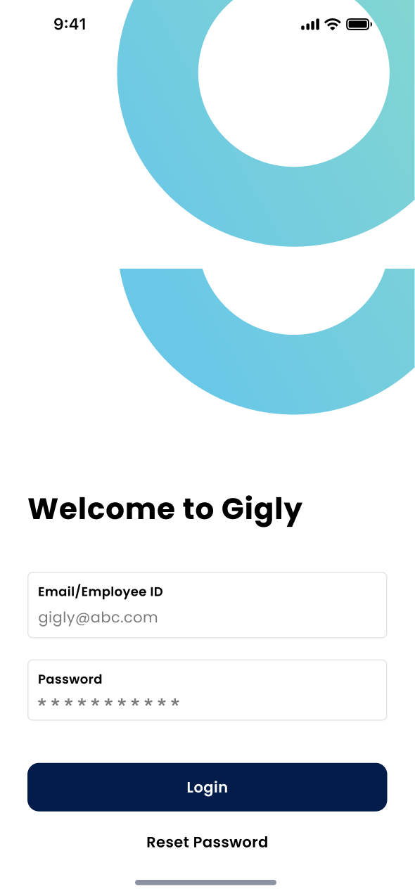 Final login screen for the Gigly mobile app.