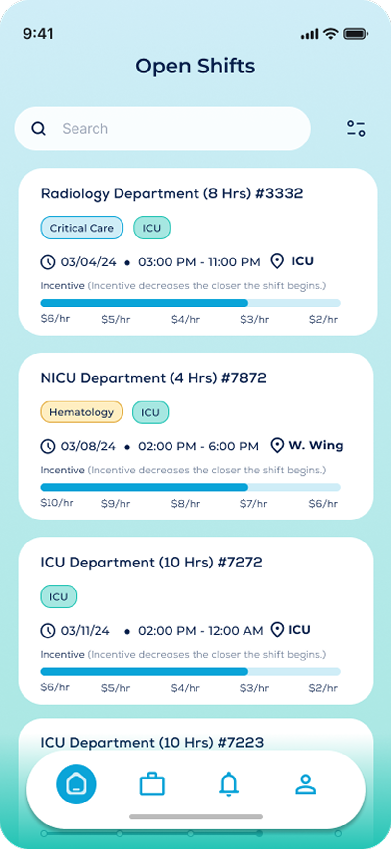 Open shifts list design iteration, second layout.