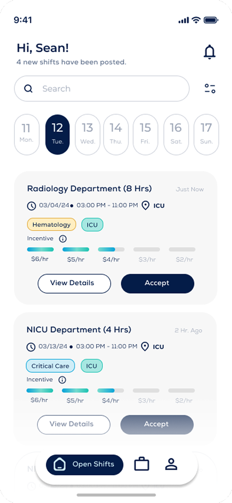 Open shifts list design iteration, third layout.