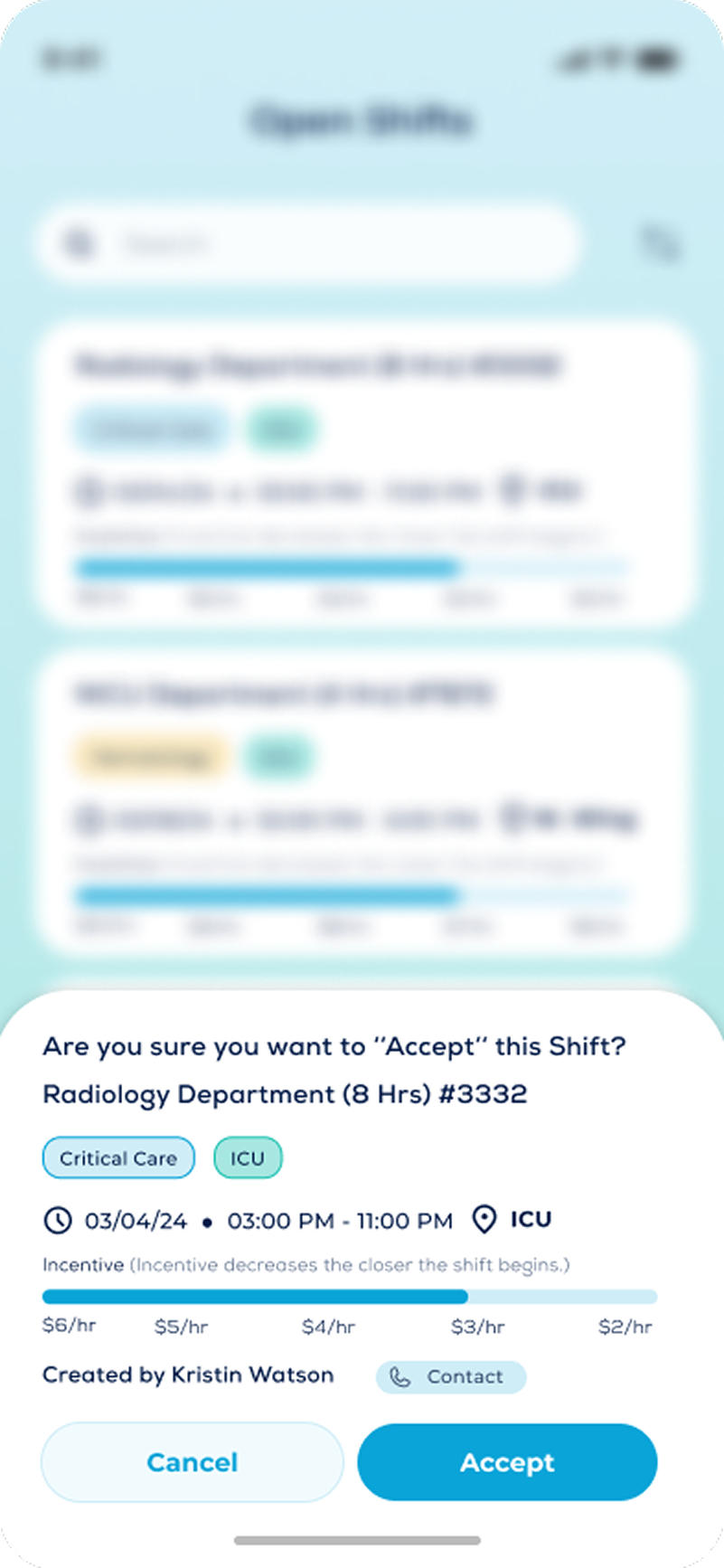 Shift acceptance screen design iteration.