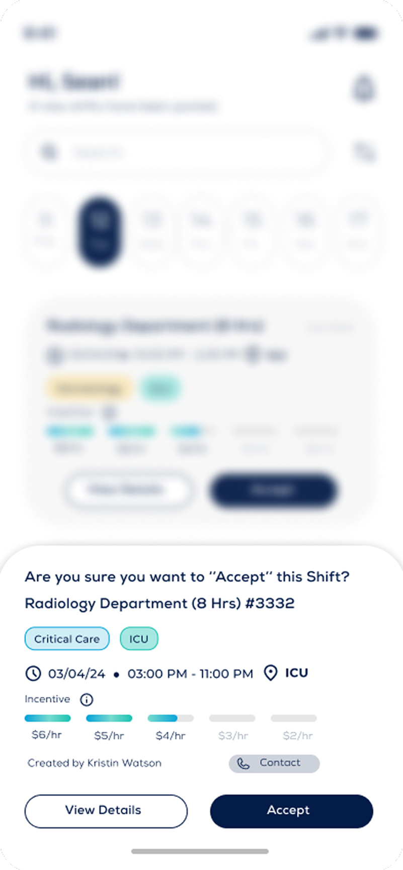Shift acceptance screen design iteration, alternate version.