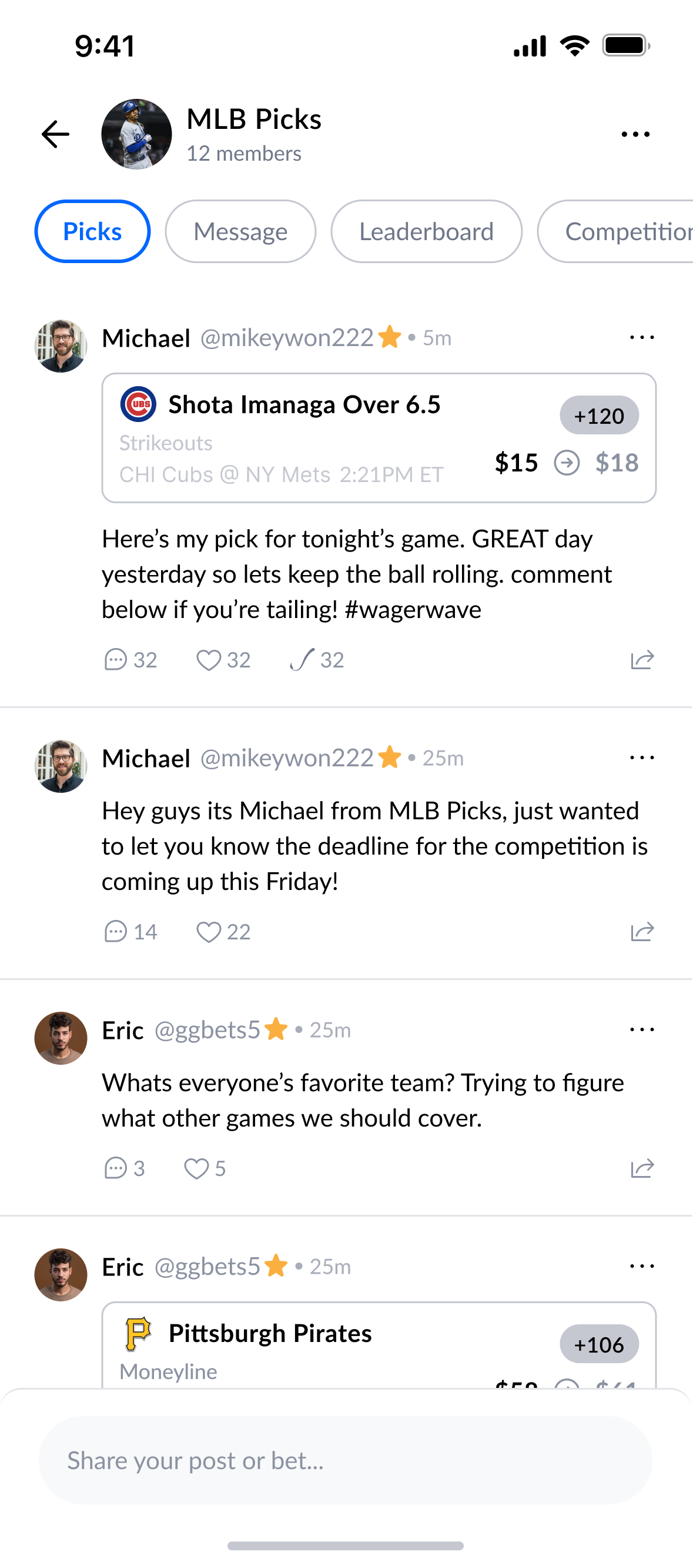 Group picks view where members share and discuss wagers together.
