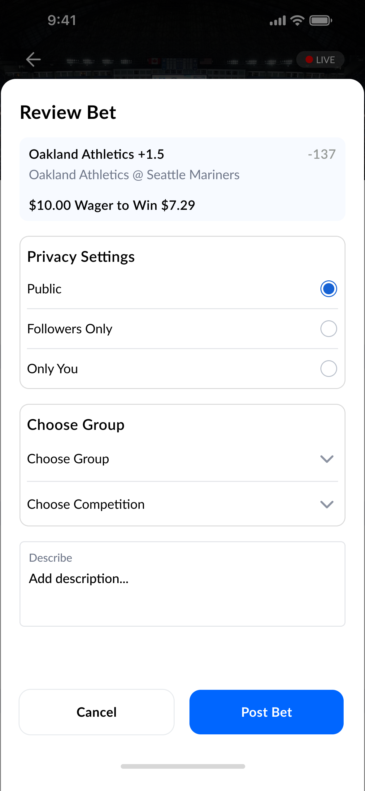 Review Bet screen confirming wager details and privacy settings before posting.