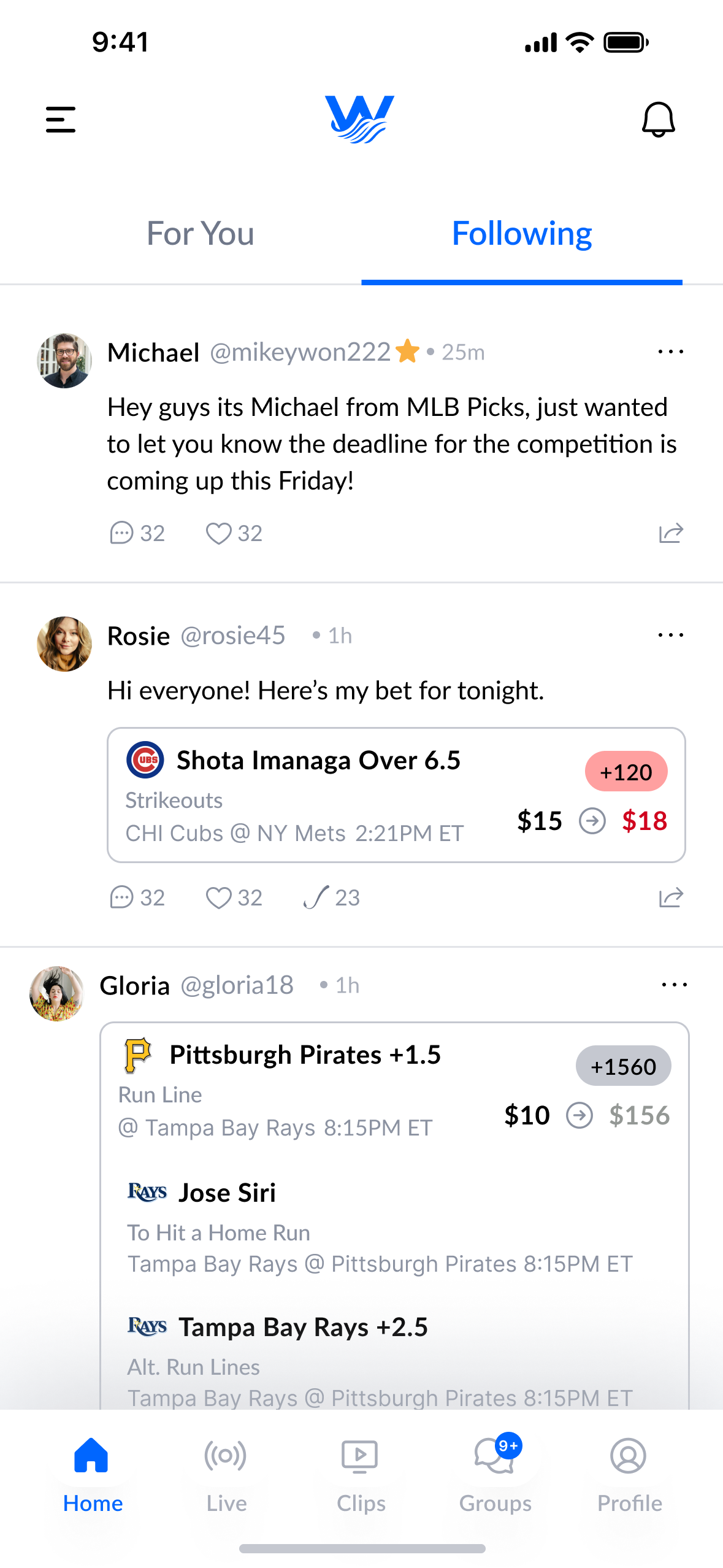 Home feed, Following tab, showing picks from accounts the user follows.