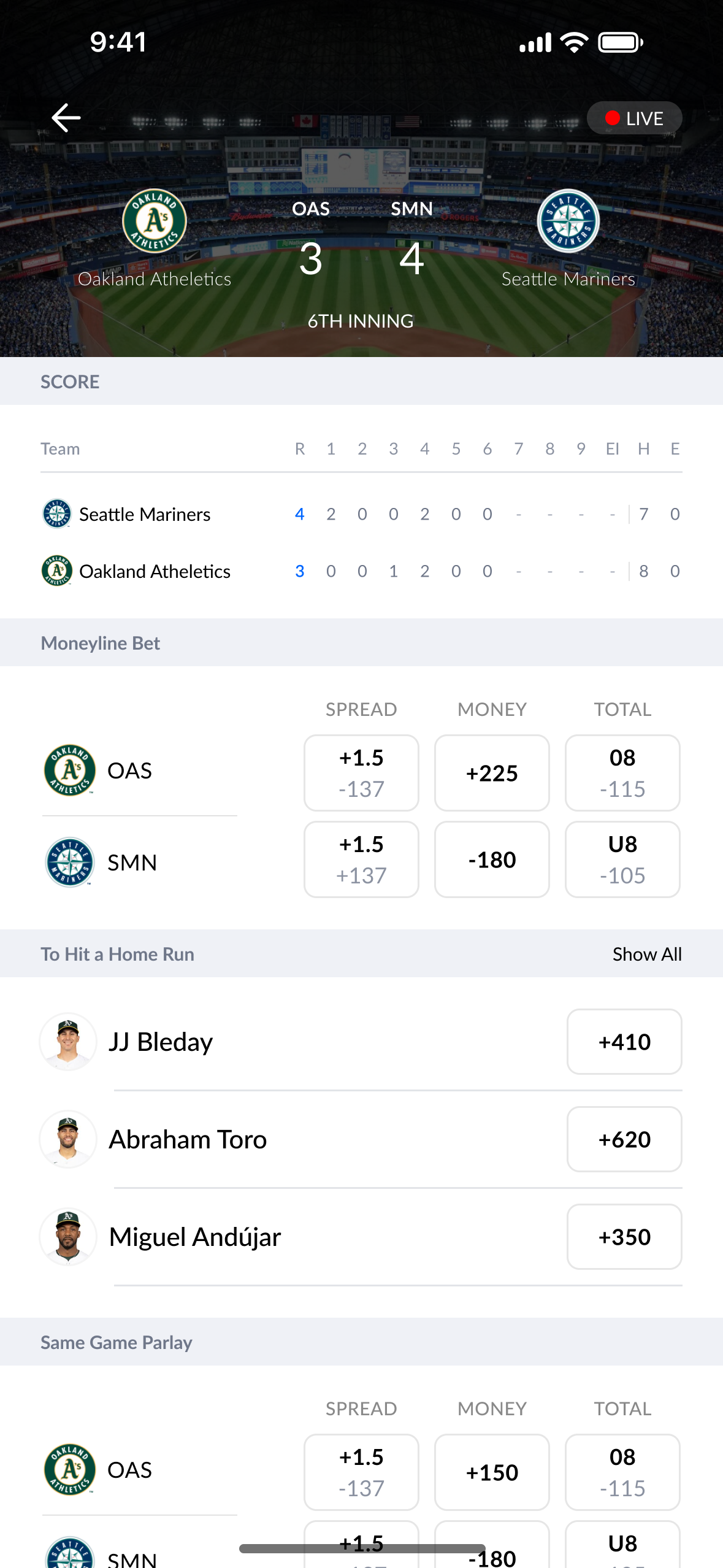 Live game overview with score, in-game state, and available betting lines.